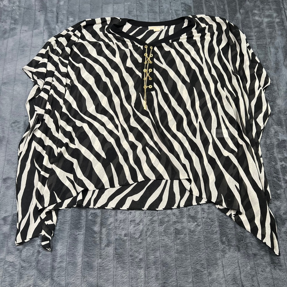 Michael Kors Zebra Print Poncho Top Black White Lace Up Chiffon 2X 11745